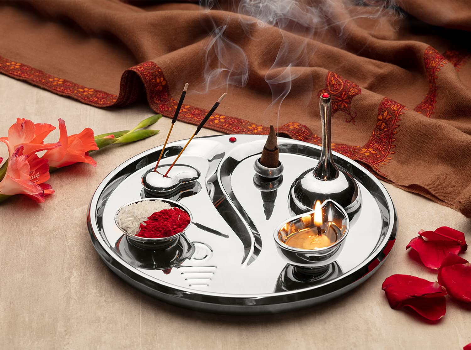 Podwójna ścianka ze stali nierdzewnej - Pooja Thali - 6 szt., prezent okazjonalny, Puja Thali, prezent i prezent Diwali