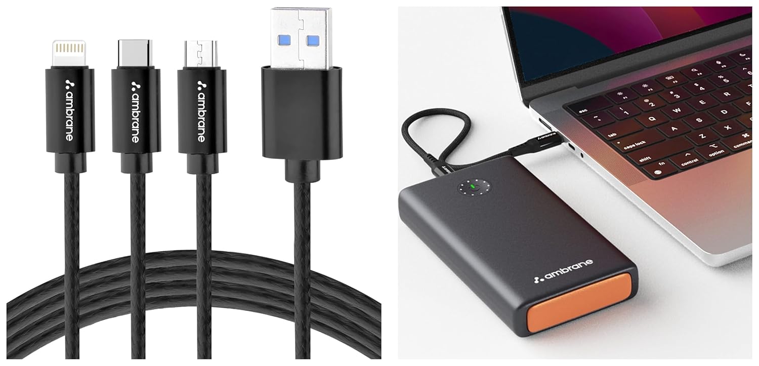 Ambrane 100W Fast Charging Powerbank for MacBook, Type C Laptop & Mobile Charging, 25,000mAh Battery with 3in1 Cable