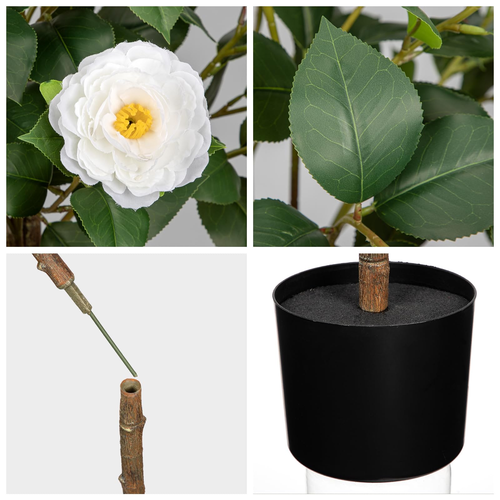 Künstlicher Kamelienbaum, künstliche Kamelienpflanze mit weißen Blumen, künstliche Blumenpflanze, blühender Baum in schwarzem Topf für drinnen und draußen, Büro, Zuhause, Haustür, Veranda, Dekoration,