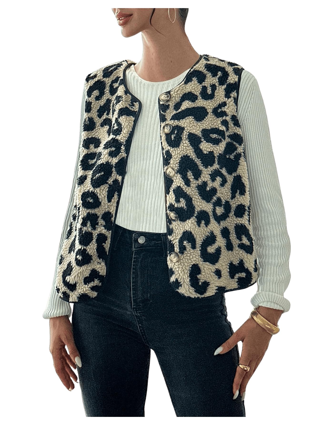 GORGLITTER Gilet sans manches pour femme - Léger - Léo - Veste en polaire - Avec boutons - Pour l'automne et l'hiver