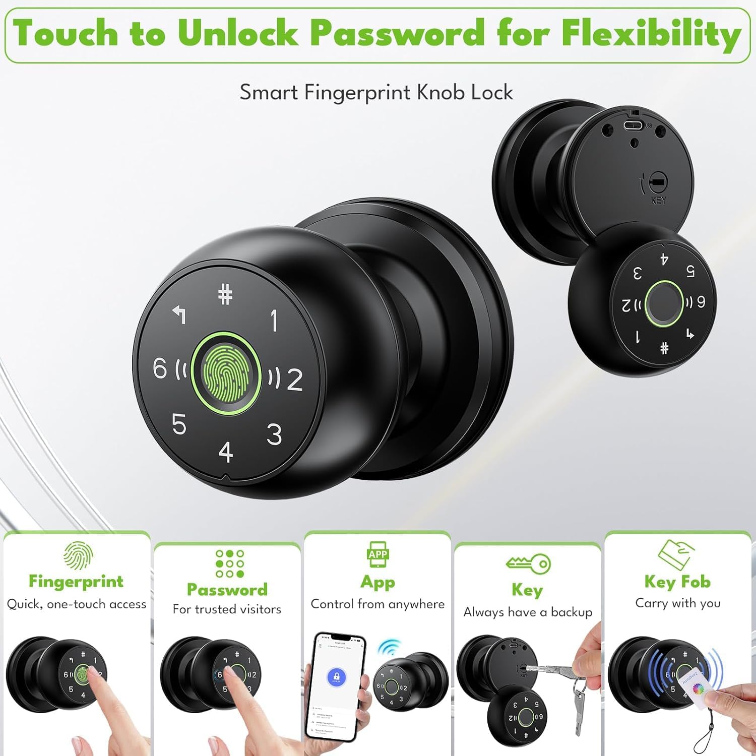 Fingerprint Door Lock, Smart Door Knob, 2.4G WiFi Biometric Door Knobs with App Control, Auto Lock Door Lock with Code, Thumbprint Door Knob for Bedrooms, Office, Apartment, Offices,Hotels
