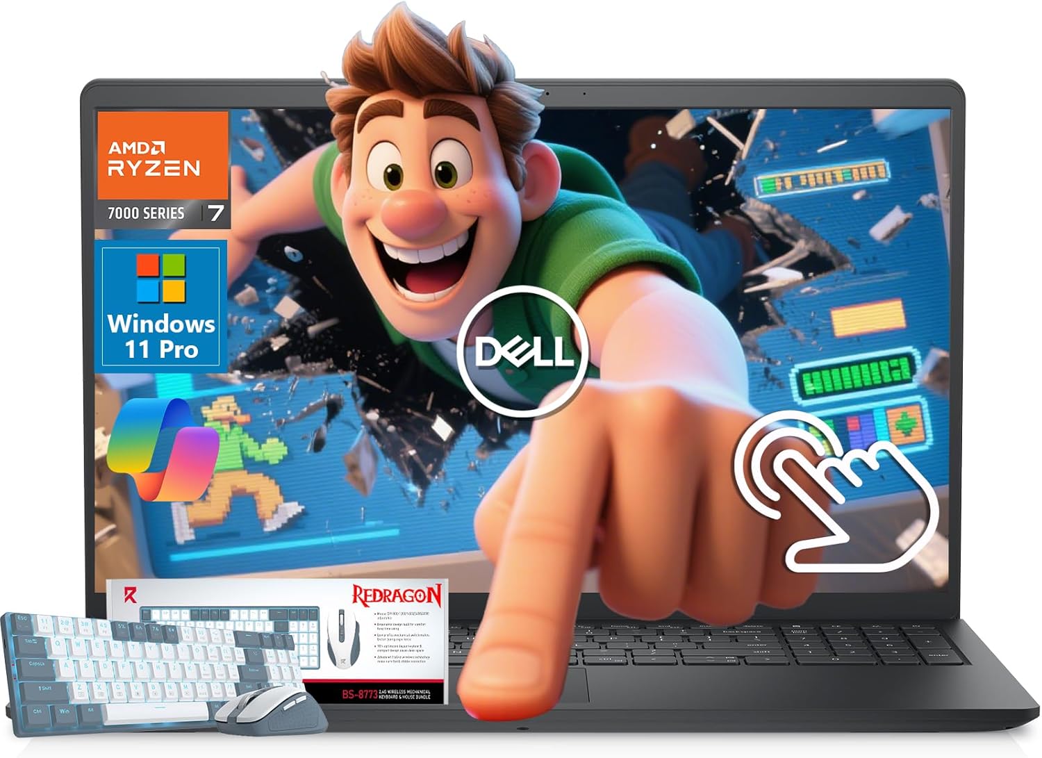 Dell inspiron 15 3535 Touchscreen Business Laptop, AMD Ryzen 7 7730U (Beats i7-1355U), 15.6″ FHD IPS Display, Lifetime Windows 11 Pro & Copilot AI with G255 Pro Accessories Kit (64GB RAM 2TB SSD)