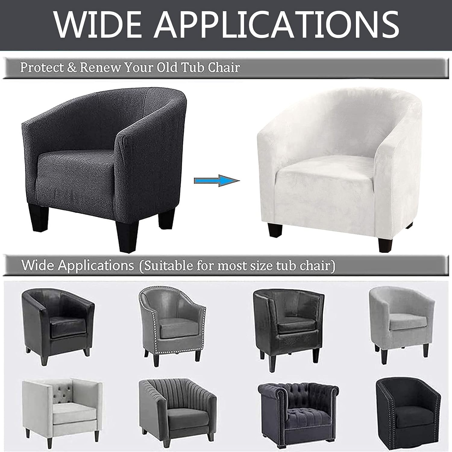 Tub Chair Slipcover for Armchairs, Stretch Velvet Club Chair Covers Armchair Covers Sofa Slipcover Furniture Protector (White,L)