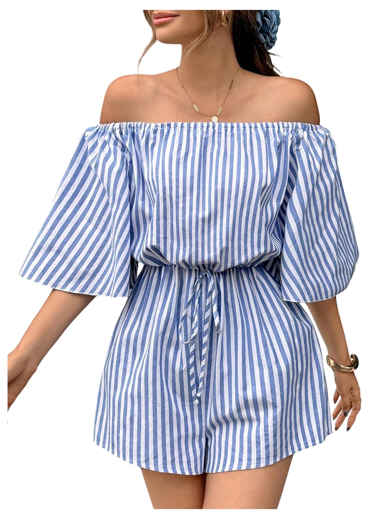 Women's Off Shoulder Flutter Sleeve Boho Tropical Romper Short Jumpsuit Playsuit-image-17