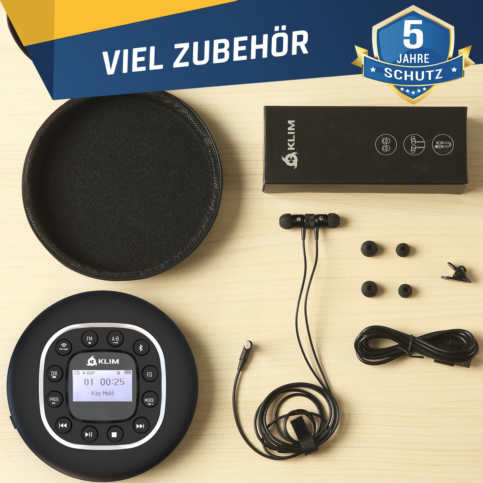 Journey Tragbarer CD-Player mit Radio FM und Bluetooth | Mit Anti-Schock-Chip SD-Kartenleser und wiederaufladbarem Akku fürs Auto, Schwarz