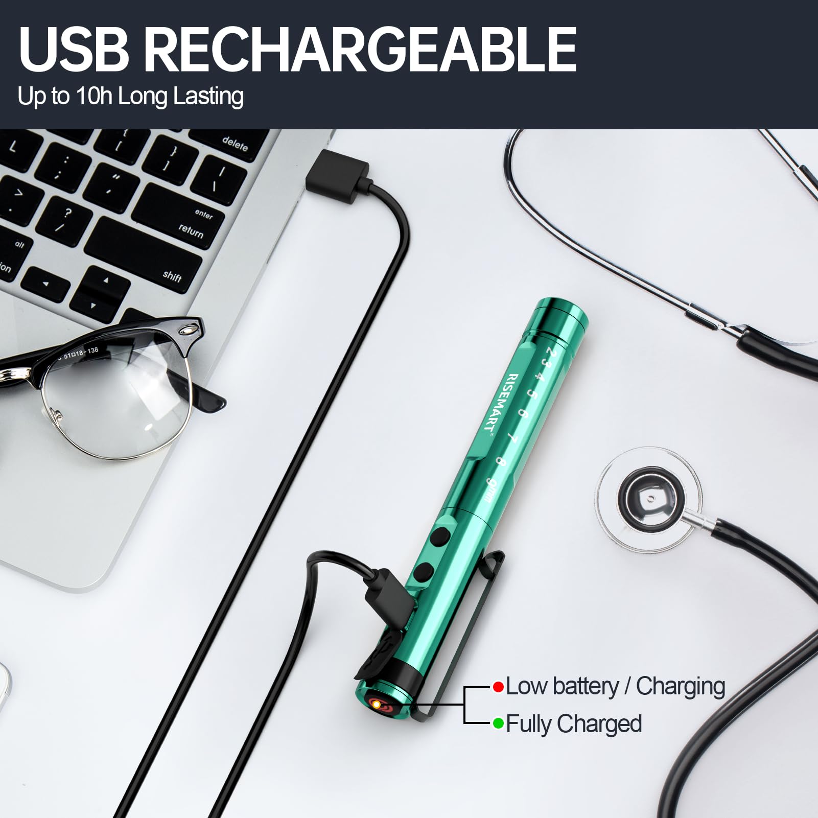 Lampa diagnostyczna, medyczna lampa źrenicy LED, z kablem USB, ciepła / zimna biel i bezstopniowe ściemnianie, przenośna, aluminiowa, medyczna lampa źrenicy z klipsem (Mars Green)
