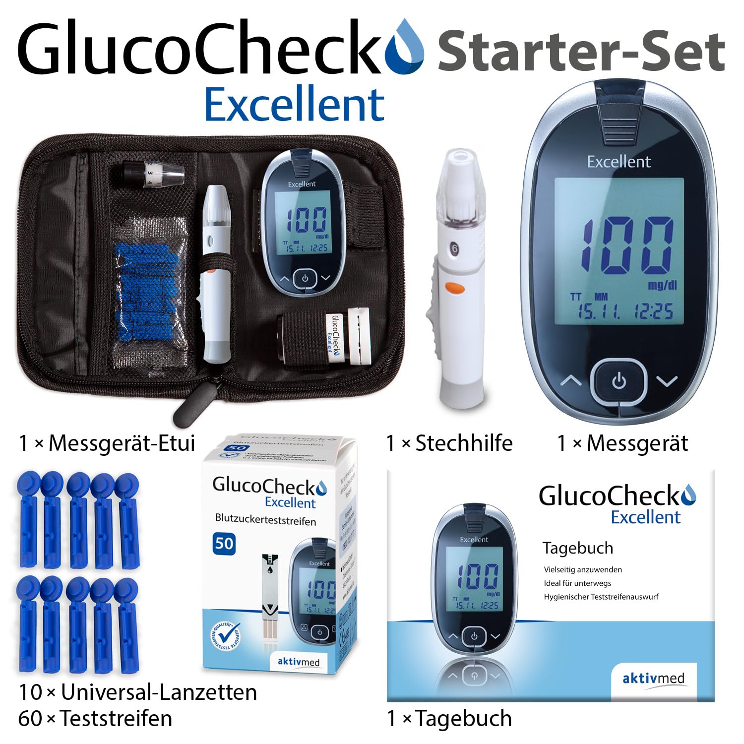 GlucoCheck Excellent Blutzuckermessgerät-Set mit 60 Blutzuckerteststreifen