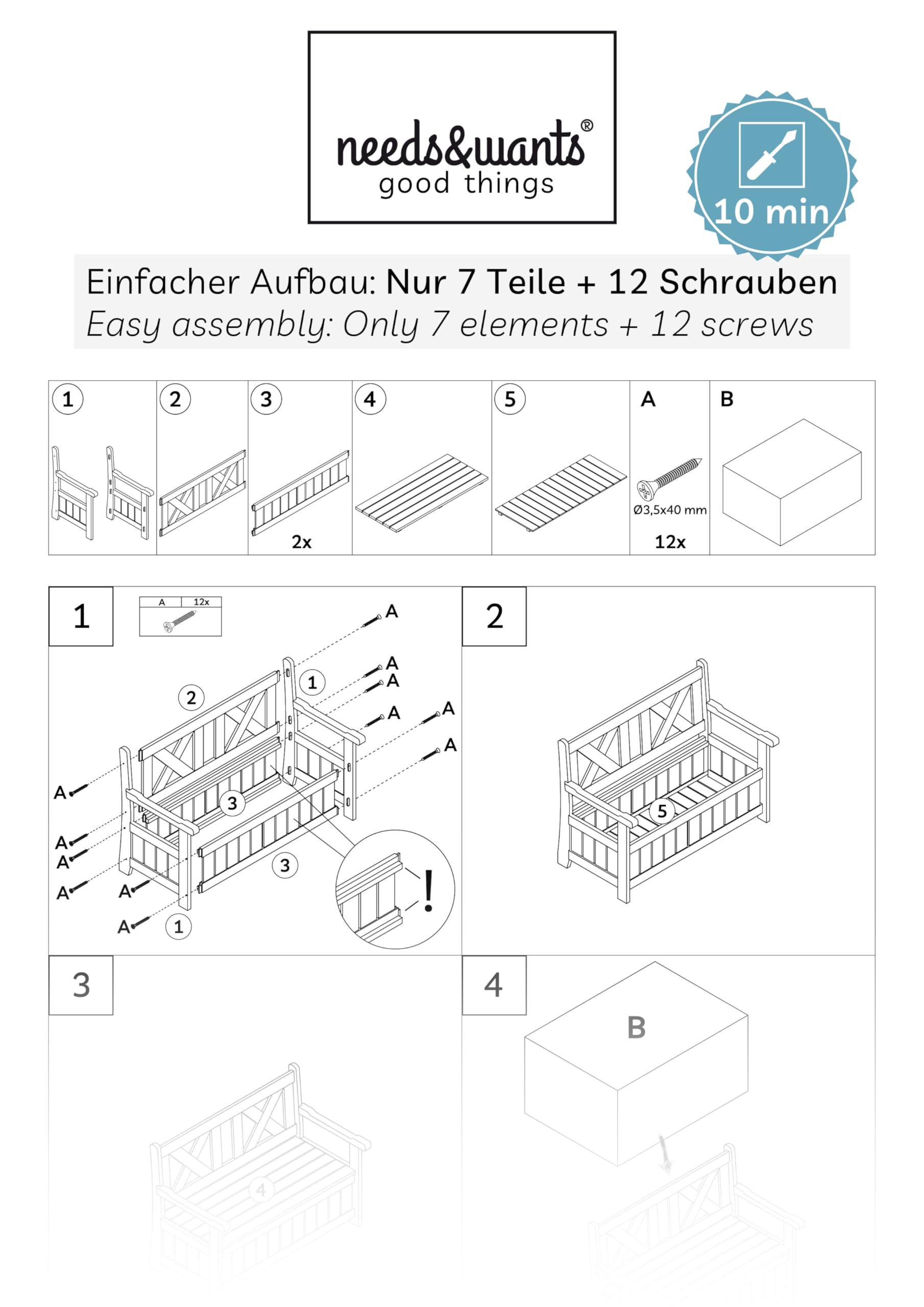 needs&wants® Gartenbank Holz wetterfest mit Stauraum und Abdeckung, 2-Sitzer Truhenbank Holzbank klassisch, Parkbank Sitzbank massiv Garten Outdoor mit Truhe, Naturholz Massivholz, grau-beige