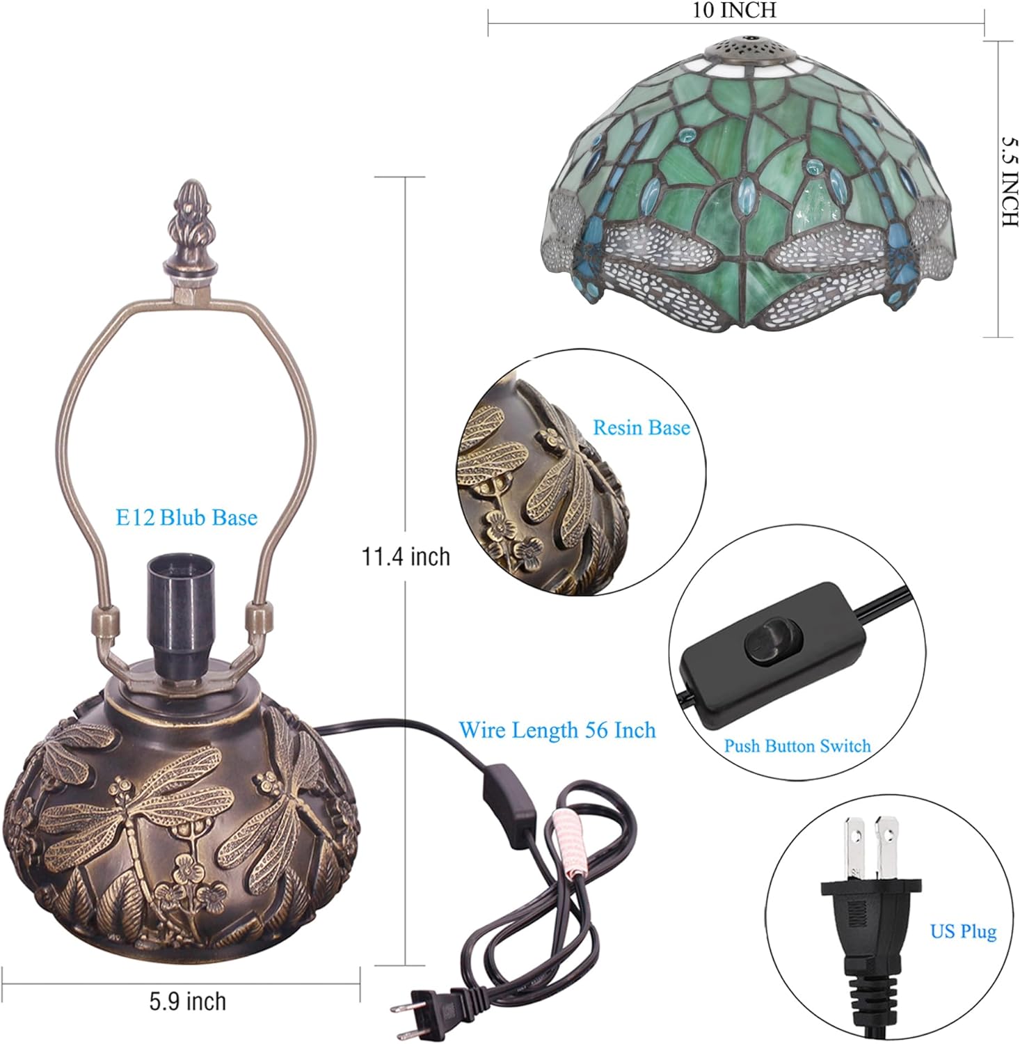 Small Tiffany Table Lamp Light Green Dragonfly Style Stained Glass Desk Lamp 10X11.5 Inch Mushroom Table Light for Office Home Living Room Bedroom