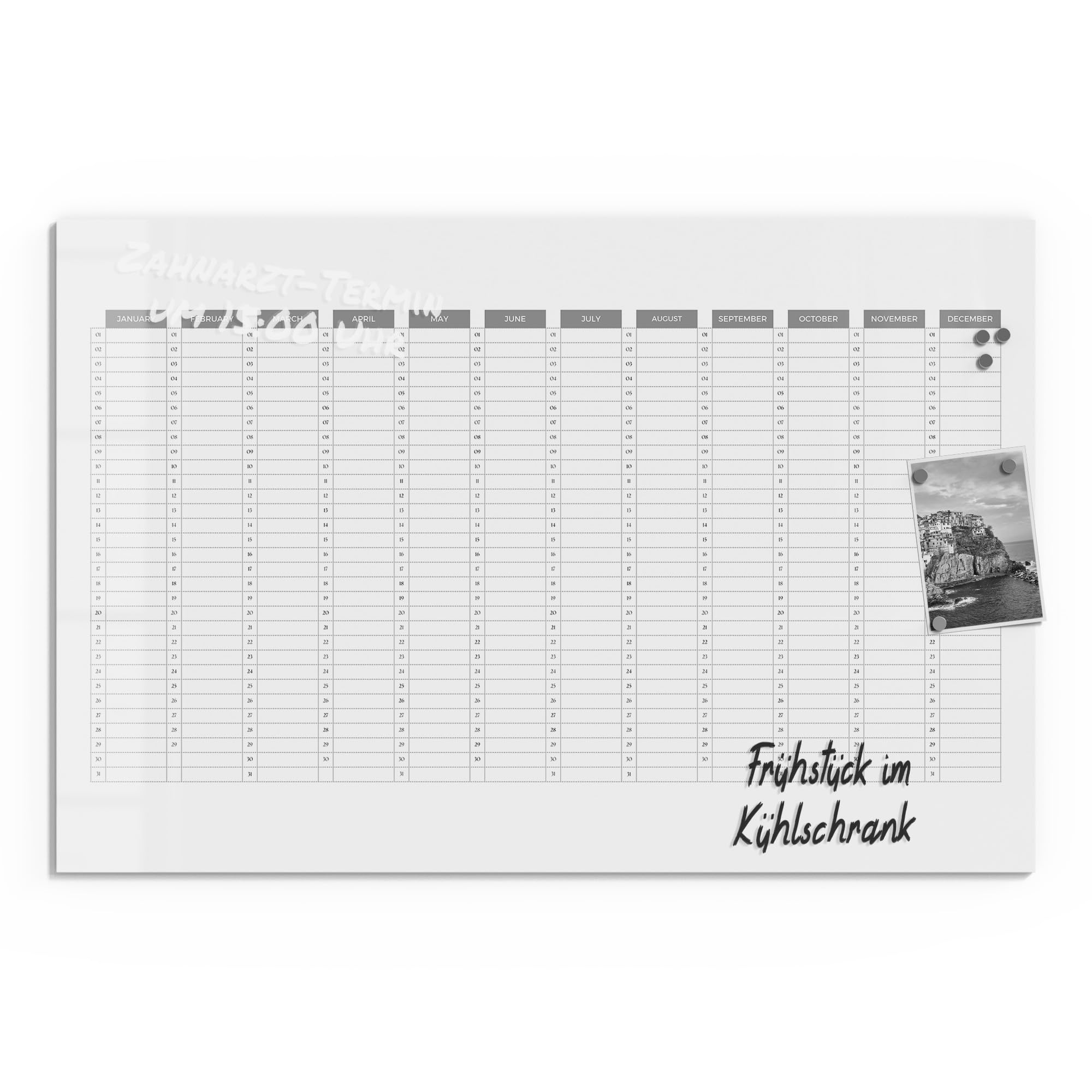 DEQORI Lavagna magnetica in vetro | 90 x 60 cm | motivo "Planner annuale bianco (EN)" | Lavagna magnetica con magneti, penna e panno per cucina e ufficio, lavagna magnetica e scrivibile