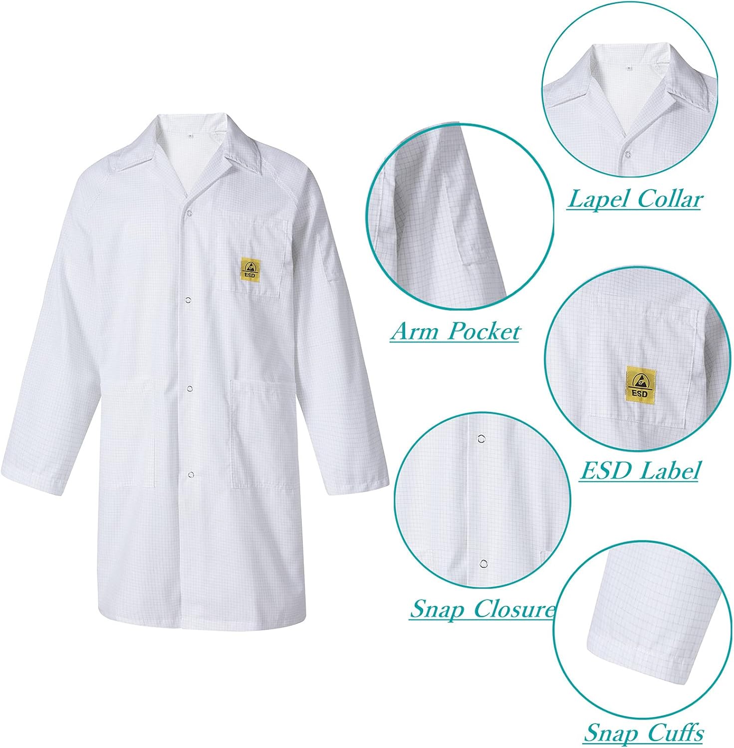 ESD Lab Coat with Lapel Collar, 3 Pockets & Snap Cuffs, Knee Length Anti-Static Jacket