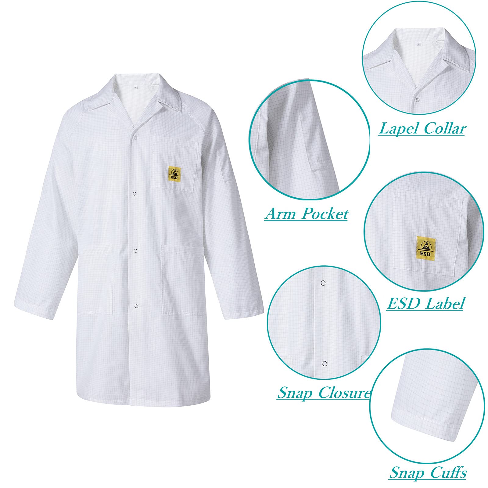 ESD Anti Static Lab Coat Lapel Collar Medical Jacket Smock Gown Non-Stretch Work Uniform for Men Women (White, XXX-Large)