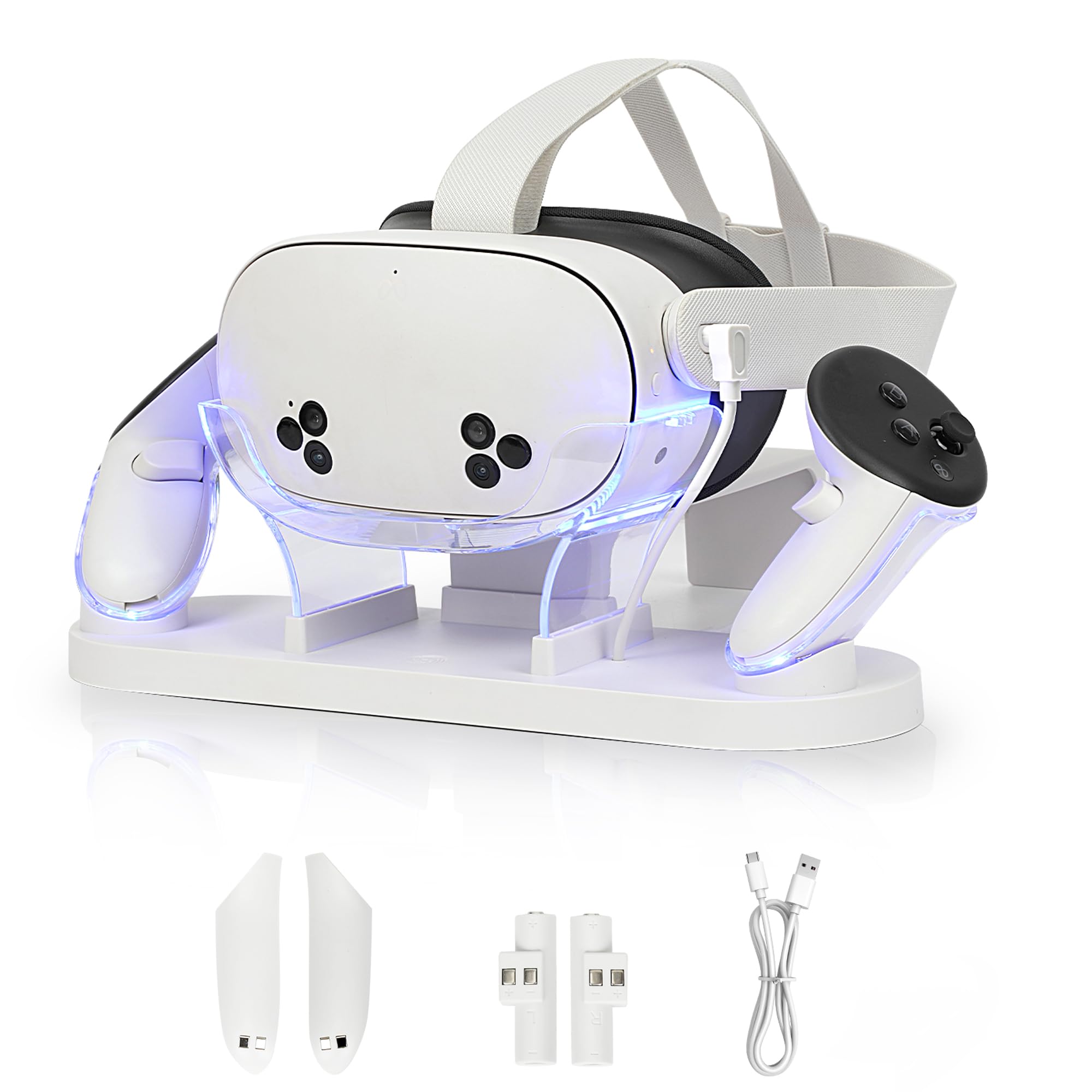 Estación de carga VR para Meta Quest 3S/Quest 3, base de carga rápida magnética con indicadores LED, 2 baterías recargables, cargador tipo C, blanco + transparente