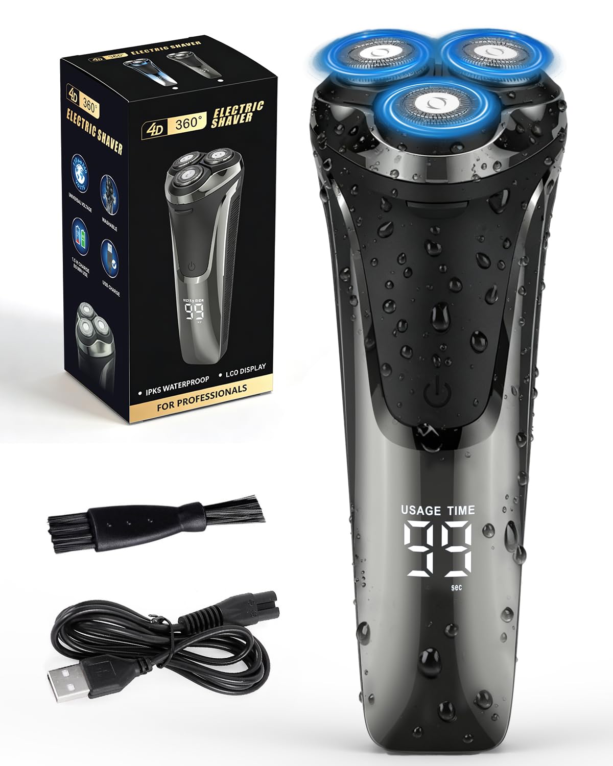 Electric Shavers Men, Wet and Dry Electric Razor, Waterproof Cordless Men Razor Cordless Rotary Beard Rechargeable Shaver LED Display with Pop up Trimmer and Travel Lock-image-19