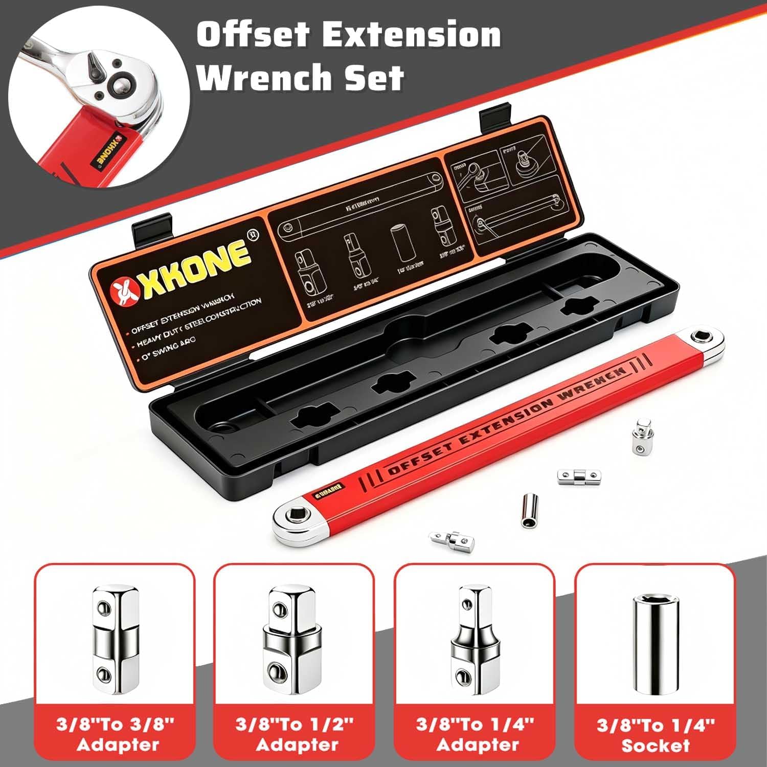 Offset Extension Wrench – Zero-degree Swing for Tight Spaces,3/8" Drive Socket Extender Tool with 1/4",3/8",1/2" Square Adapters and 1/4" Socket.