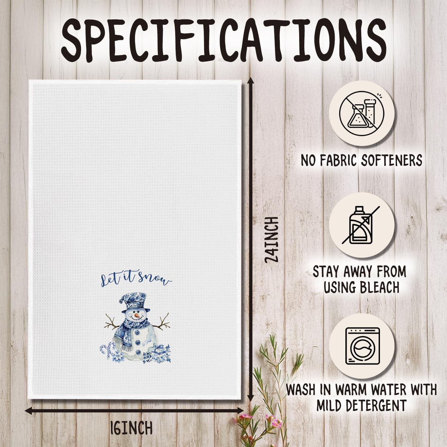 Chinoiserie Snowman Winter Kitchen Towels, Blue and White Christmas Snowman Dish Tea Towels, Snow Christmas Decorative Hand Towel for Kitchen Bathroom, 16x24 Inch - Image 6