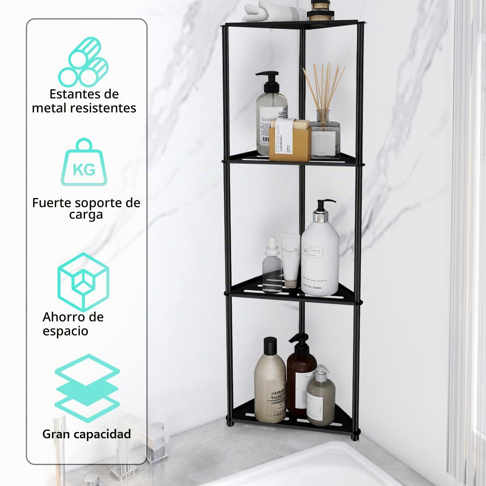 Estante de esquina de ducha de 4 niveles en acero inoxidable, estantes antióxido para ducha interior, negro