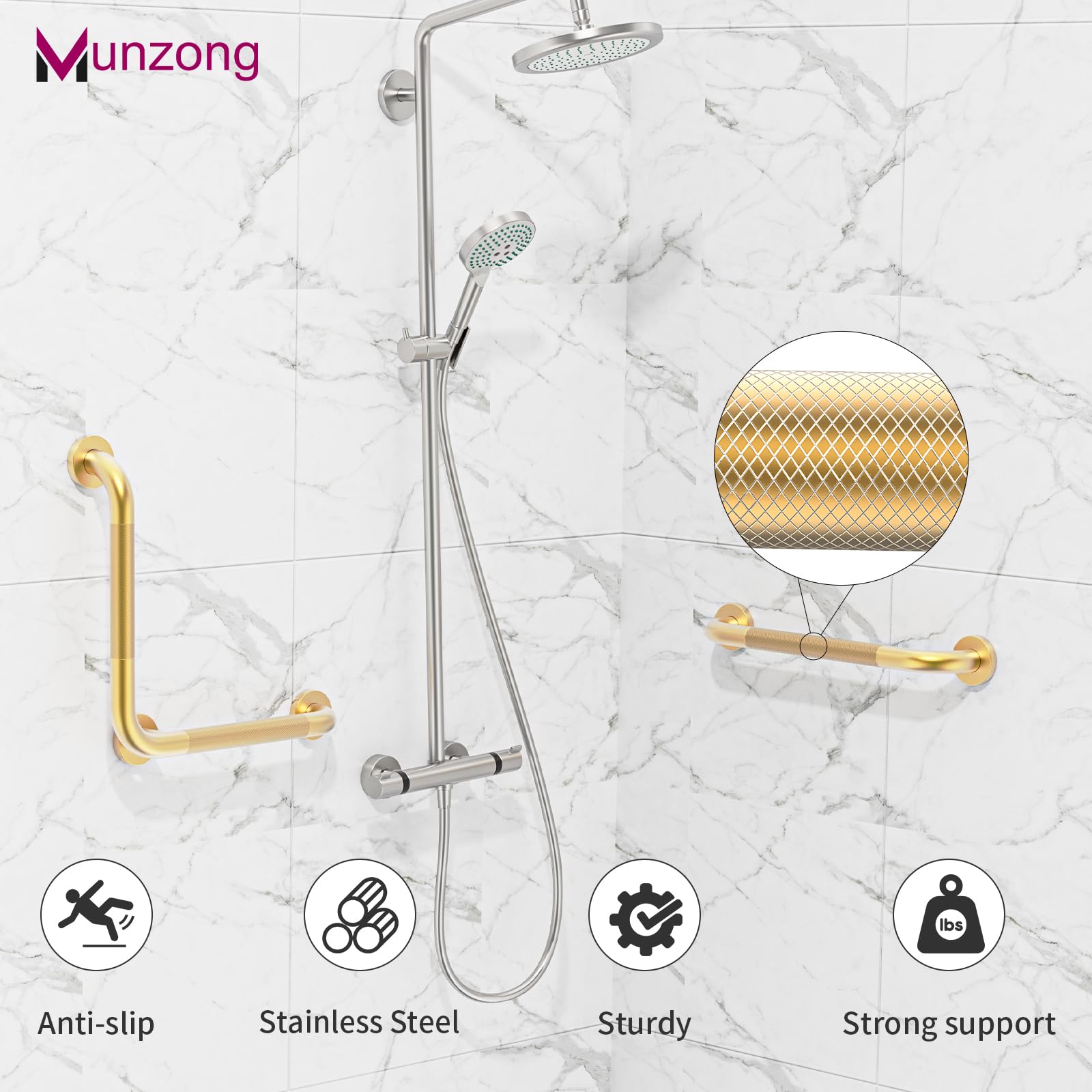 Munzong - Barras de agarre doradas para bañeras y duchas, barra de agarre en ángulo de 16 pulgadas, mango de seguridad estriado de acero inoxidable antideslizante para personas mayores