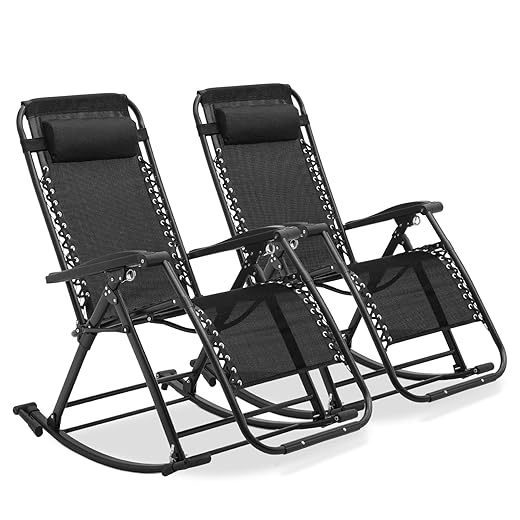 MoNiBloom Rocking Lounger Outdoor Chair Set of 2, Portable High Back Compact Foldable Reclining Zero Gravity Lounge Patio Rocking Chair with Adjustable Armrest and Footrest for Beach Yard Pool Outdoor