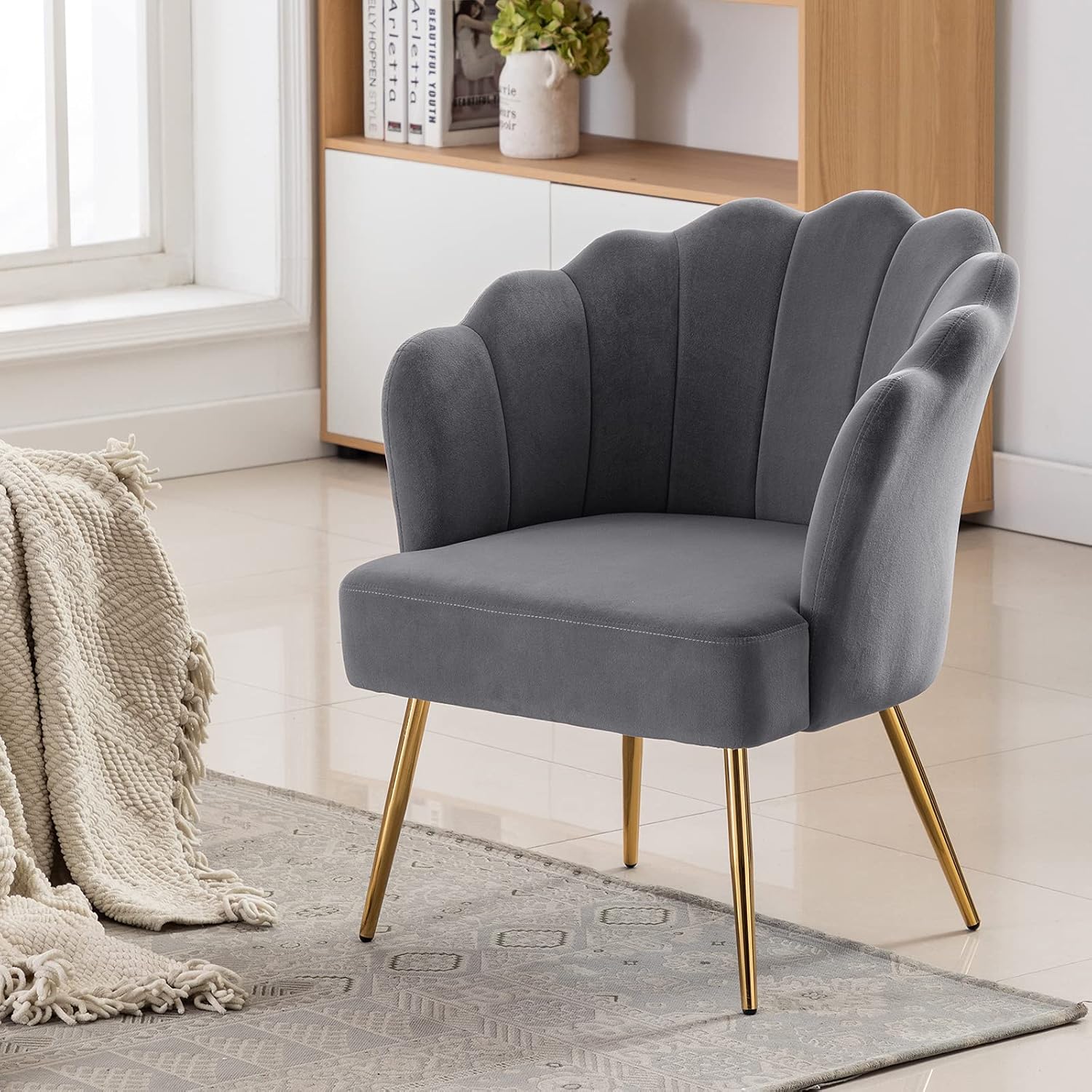DUHOME Velvet Comfy Upholstered Accent Chair，Vanity Makeup Chair with Back，Guest Desk Chair Reception Chair with Golden Metal Legs，for Living Room Bedroom Grey