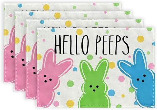 ARKENY Easter Placemats 12x18 Inches Set of 4, Bunny Rabbit Hello Peeps Spring Holiday Farmhouse Polka Dot Burlap Indoor Table Mats Decorations for Home AP567-4