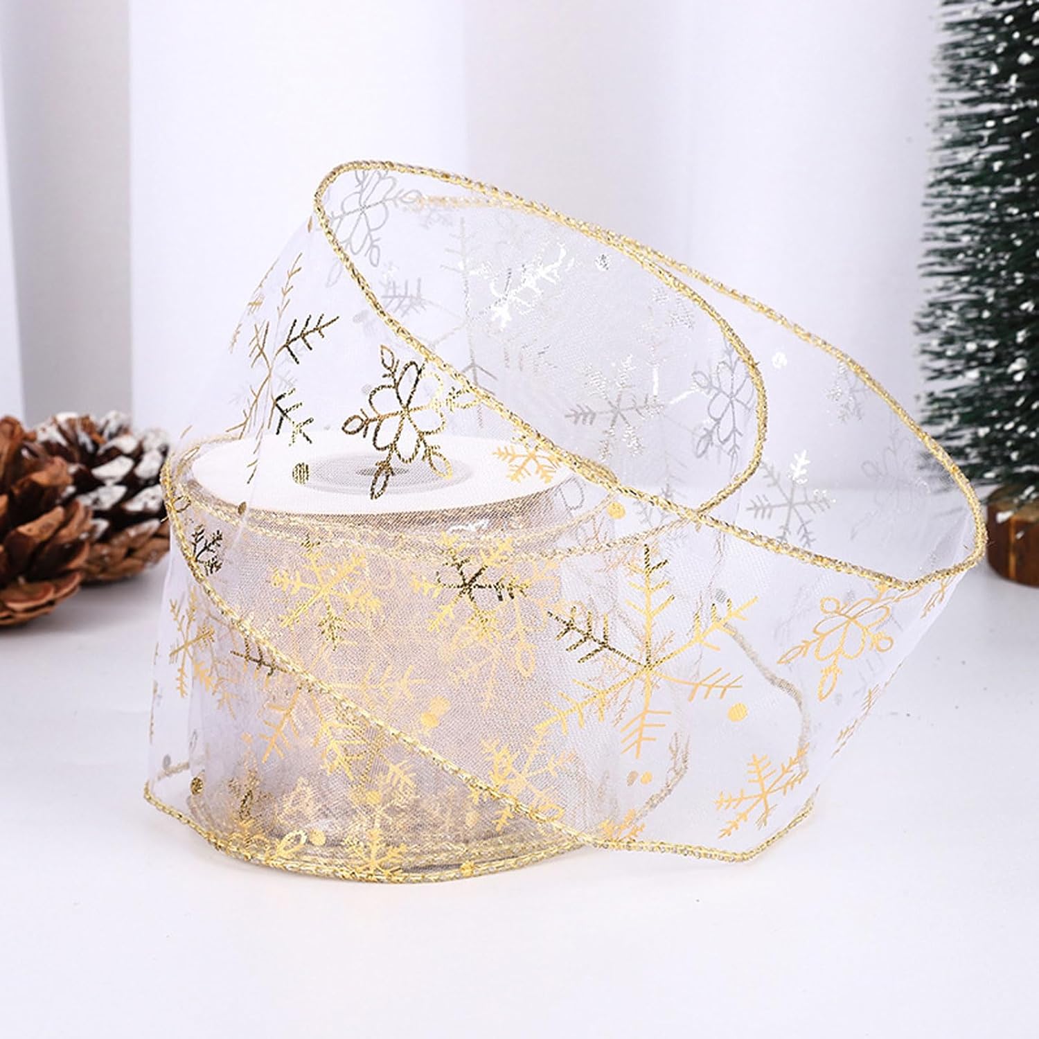 Christmas Tree Ribbon, Christmas Ribbon Glittery Snowflake Organza 2.5 Inch X 11 Yard with Spool, Wired Ribbon for Christmas Decor Gift Packaging Crafts Party Decoration (Gold)