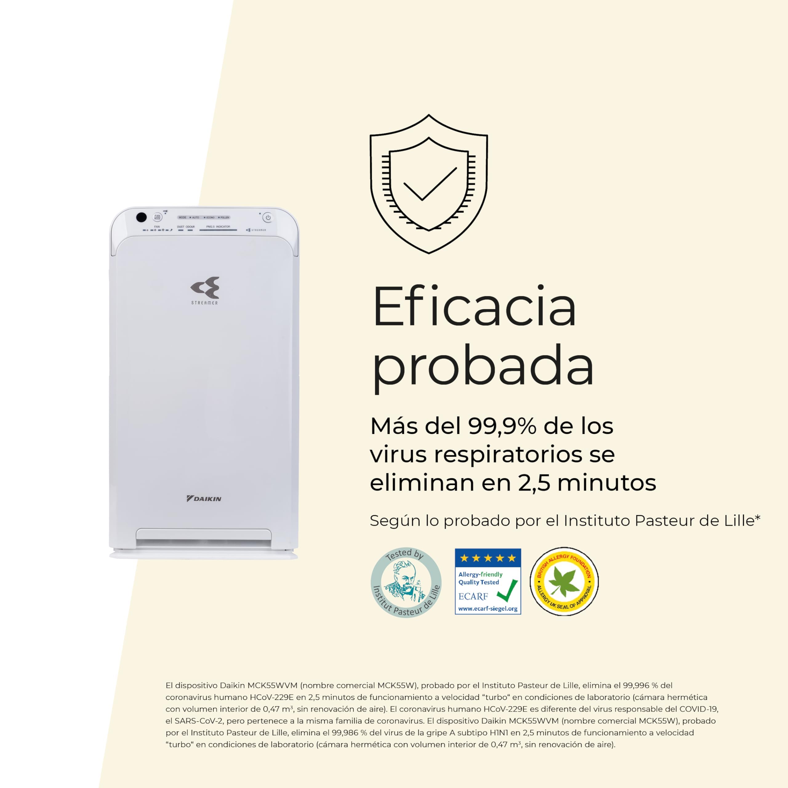 Daikin MC55W Purificador de Aire HEPA H13 Electrostático | Tecnología Flash Streamer Que Reduce el 99.9% de Virus, bacterias, alérgenos | 10 años sin Cambiar filtros | Silencioso | hasta 82m2