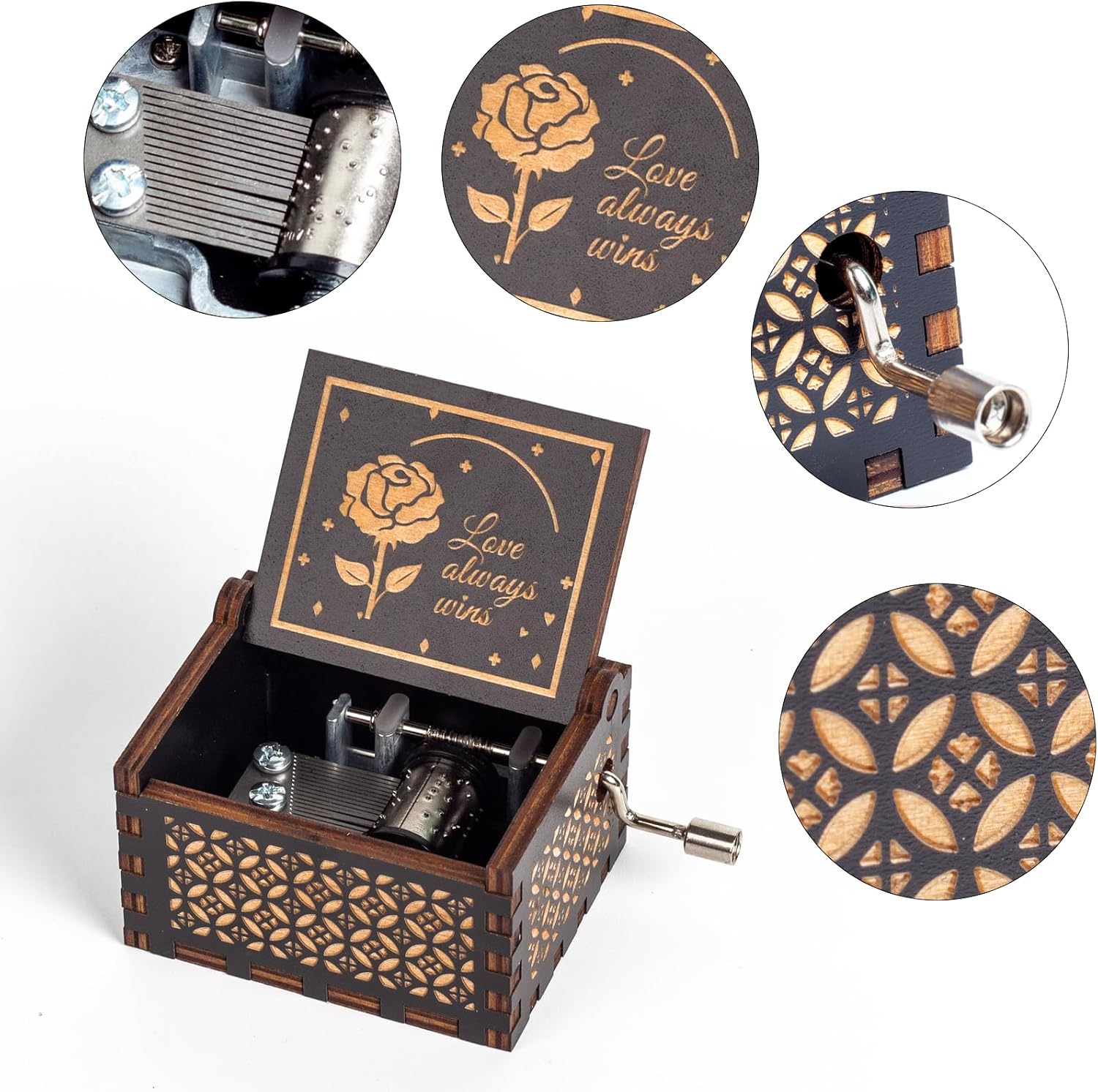 You are My Sunshine Wood Music Box, Antique Wooden Engraved Musical Boxes Case for Love, Gifts for Lover, Boyfriend, Girlfriend, Husband, Wife on Birthday/Christmas/Valentine's Day(Black-Rose)