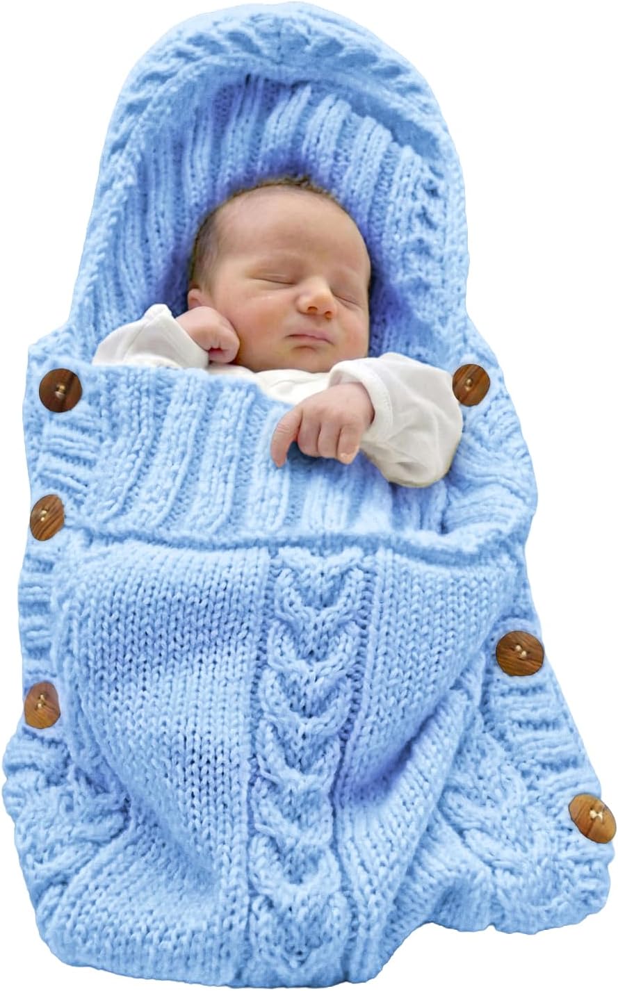 XMWEALTHY Newborn Baby Wrap Swaddle Blanket Knit Sleeping Bag Sleep Sack Stroller Wrap for Baby Light Blue 0-6 Month