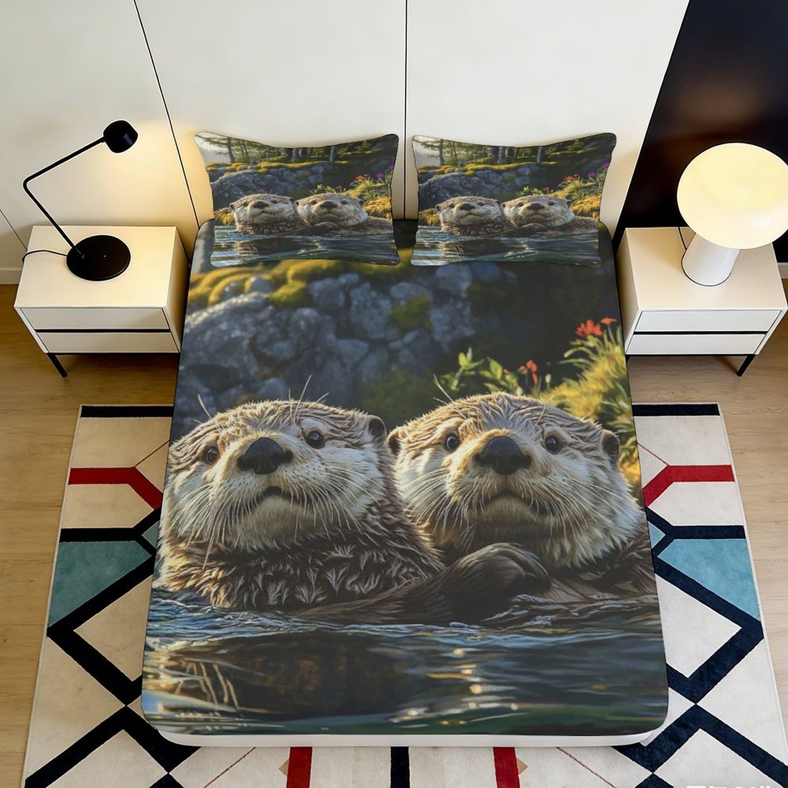 Pnayamiorkfel Style-8 3D Printed Otter River Fitted Sheet Microfiber Anti-Slip Soft Animal Lake Bed Cover For Bedroom Guest Room Decor 90X200x25cm