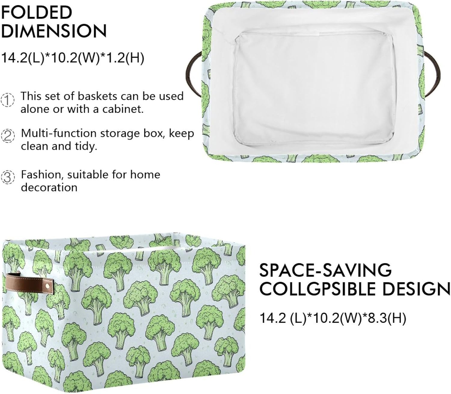 Large Storage Baskets Vegetable Broccoli Pattern Fabric Storage Bins with Handles Decorative Collapsible Shelf Baskets for Organizing Clothes, Towel, Toys, Home