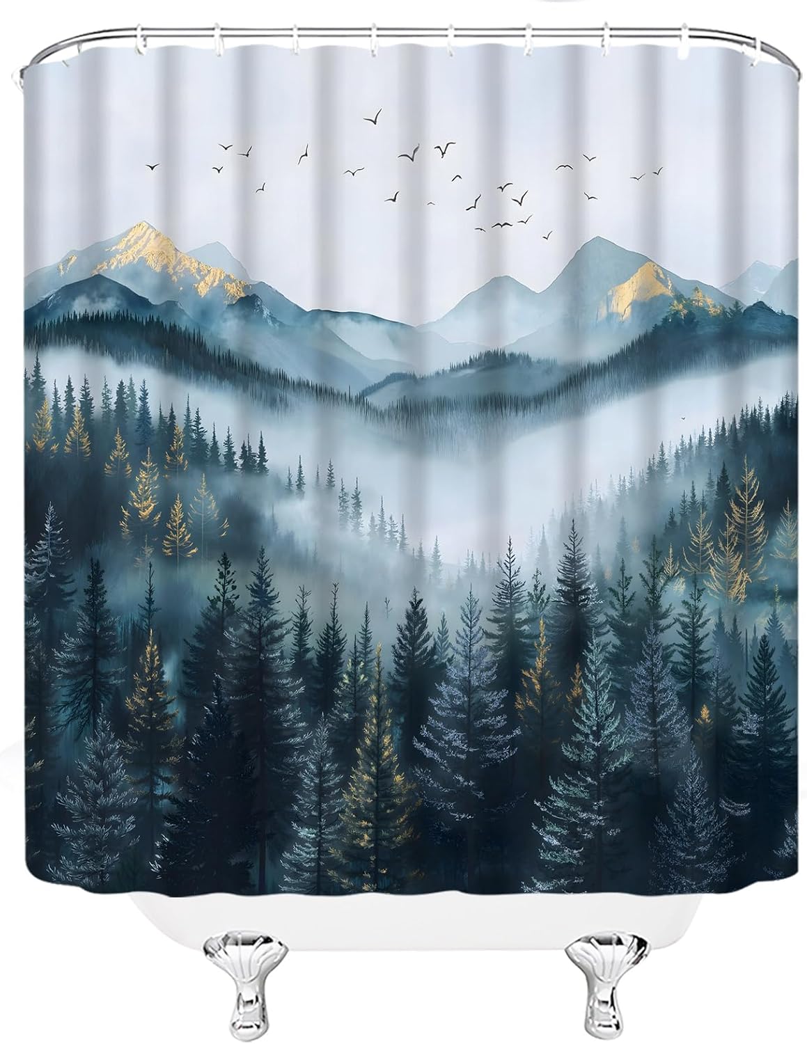 Blue Misty Pine Forest Extra Long Shower Curtain,Mountain Tree Foggy Decor for Bathroom,Scenery Landscape Nature Fabric Curtain with Hooks,70x78 Inch