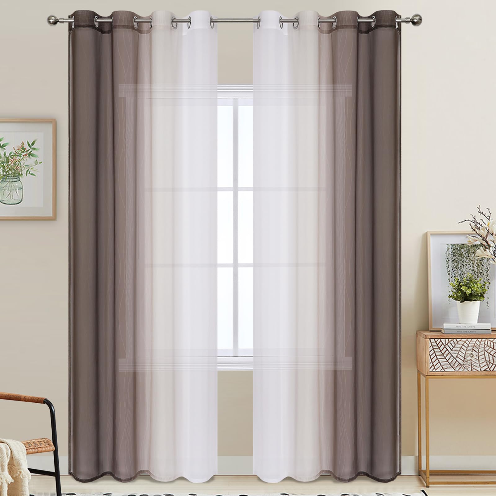 VEHEDE Ombre Window Voile Curtains for Bedroom 84 Inches Drop, Gradient Semi Sheer Curtain for Living Room with Eyelet, Brown and Greyish White, W52 x L84 Inch 2 Panels