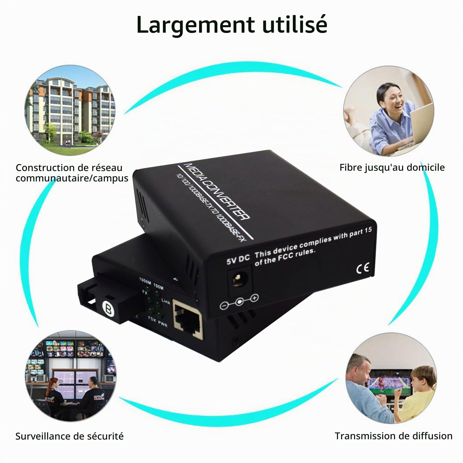 Convertisseur de Média Ethernet Gigabit Émetteur-récepteur Fibre Optique Convertisseur de Fibre Optique 10/100/1000 Mbits/s avec RJ45 Simple, Port SC, Alimentation Externe 5V, Paquet de 2
