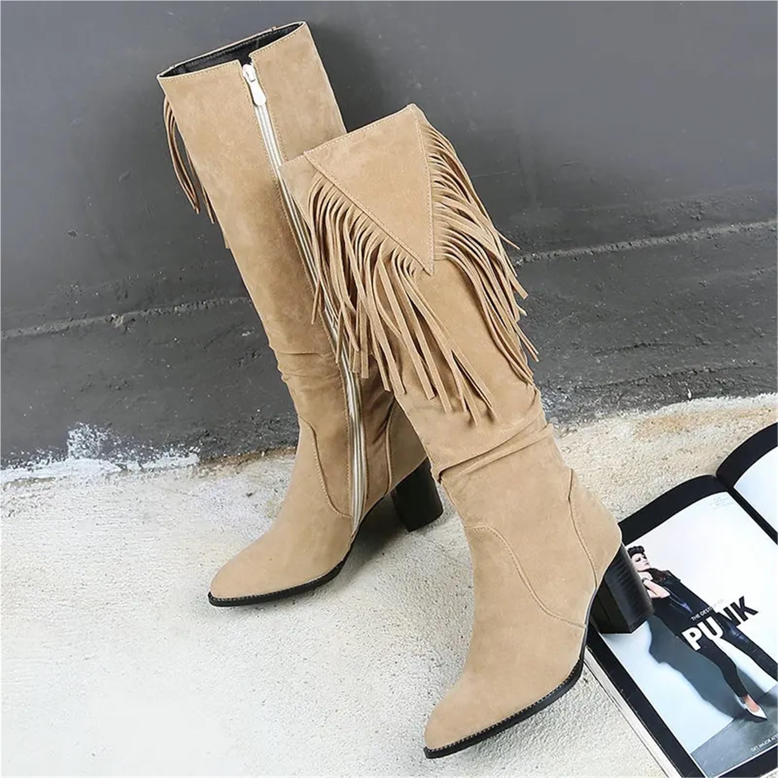 Stivali Texani Donna Scarpe in finta pelle scamosciata verde oliva beige con punta tonda Stivali da cowboy al ginocchio tacco alto donna frange di nappe