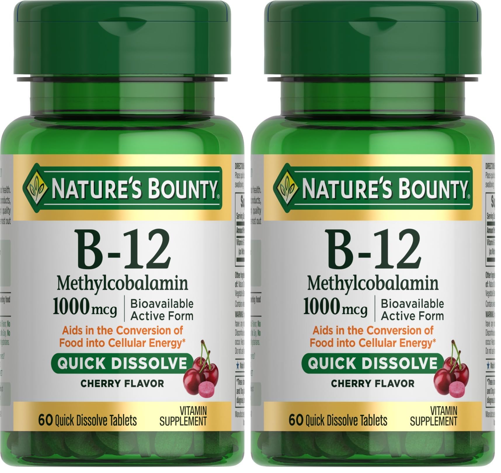 Nature's Bounty Vitamin B-12 Quick Dissolve Tablets,1000mcg,Aids in the Conversion of Food into Cellular Energy,Cherry Flavor,60ct,(Pack of 2) 60 Count (Pack of 2)