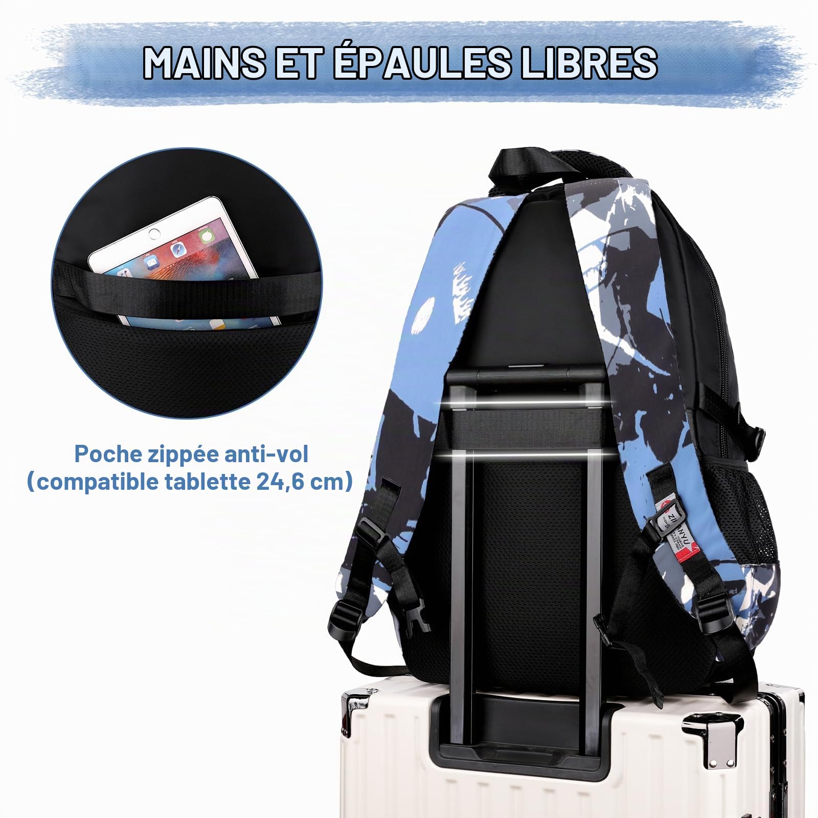 Amythe Sac à Dos pour Garçons, Cartable Primaire et Collège 40L, Sac d'École en Nylon Imperméable Léger et Spacieux pour Loisirs Voyage Scolaire, Idéal pour 10 à 22 Ans -Noir