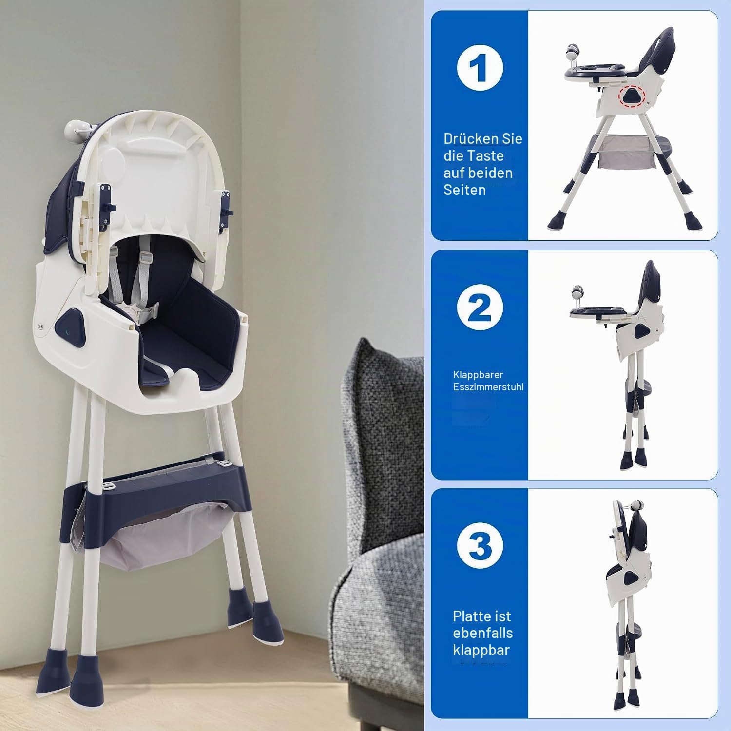 3in1 Hochstuhl Baby mit Spielbügel, Kinderhochstuhl mit Abnehmbares Tablett Hochstuhl Verstellbar Klappbar Babystuhl mit Liegefunktion,Kombihochstuhl mit wachsend esszimmerstuhl,ab 6 Monate (Blau)