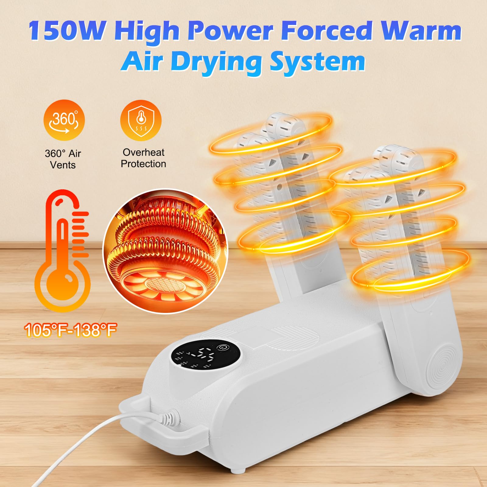 Secador de Zapatos Eléctrico, Secador y Refrescador de Zapatos, Secador de Botas de Esquí con 5 Temporizador, 180° Ajustable Tendederos, Shoe Dryer para Zapatos, Calcetines, Guantes