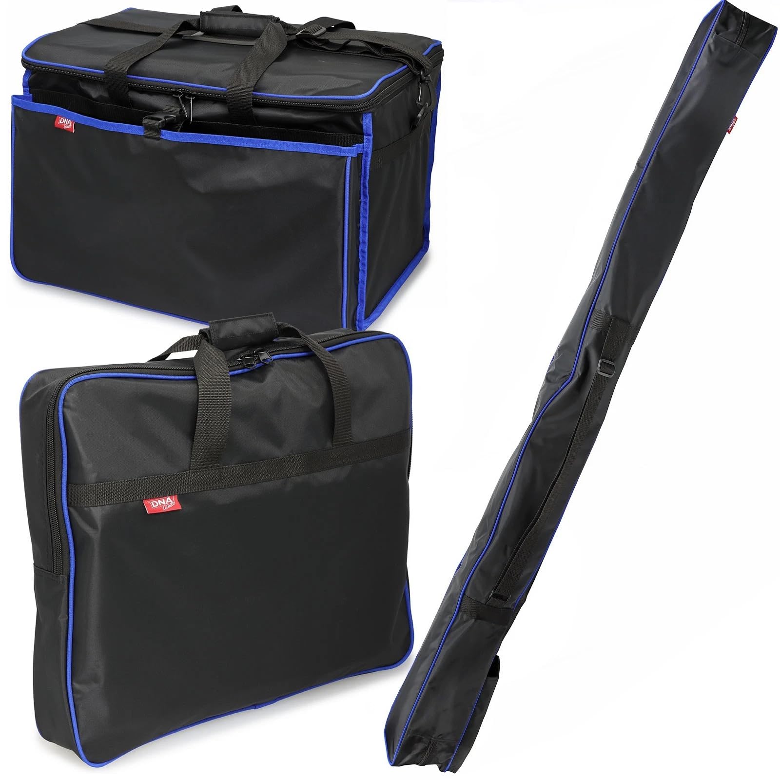 DNA Leisure Fishing Keepnet Bag 55cm x 50cm, 420D Black & Blue Net Storage Bag, Zipped Fishing Net Bag with Webbing Carry Handle for Keepnets and Wet Accessories