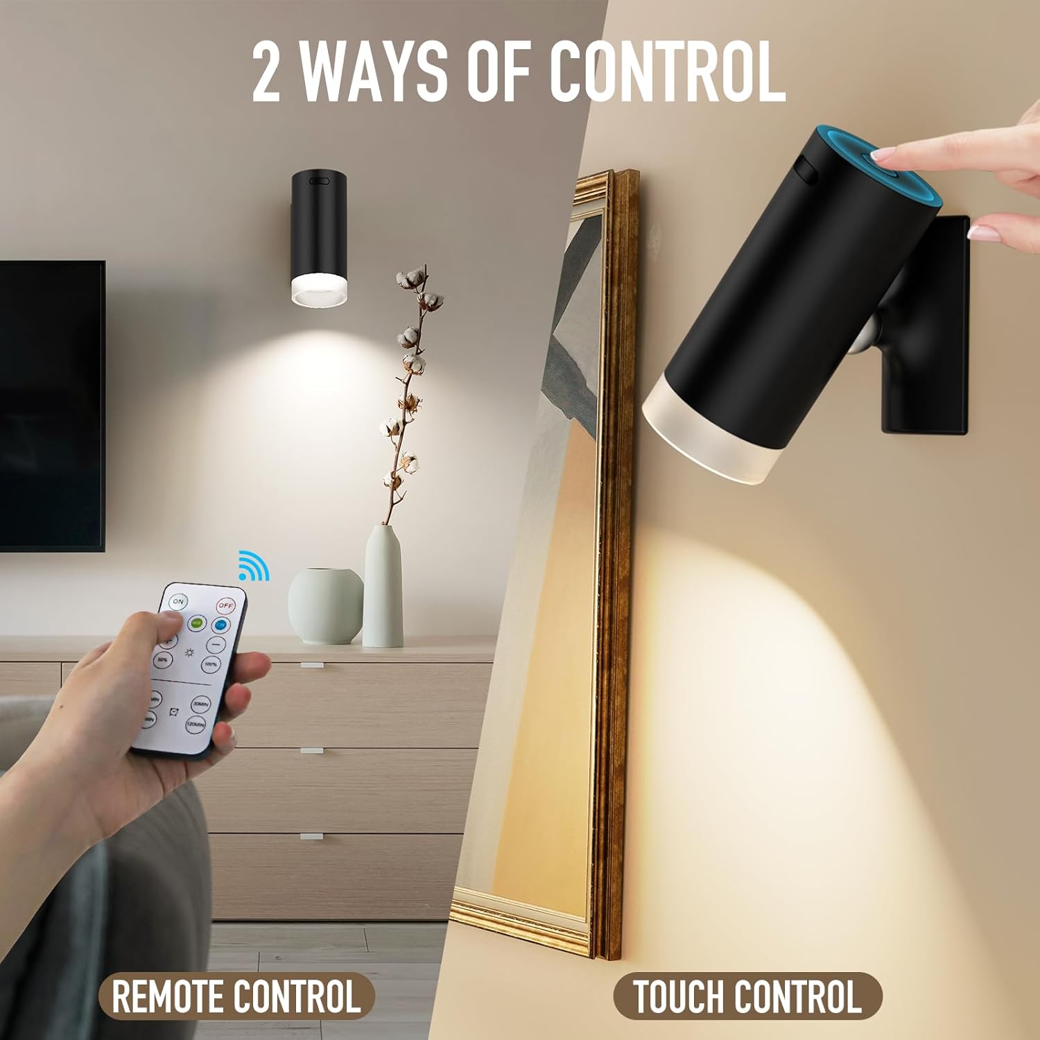 Battery Operated Wall Sconces 3CCT Dimmable Wireless Sconces Set of 2, Rechargeable Wall Lights with Magnet Ball, Wall Decor Set of 2 for Reading Bedroom Bedside Picture