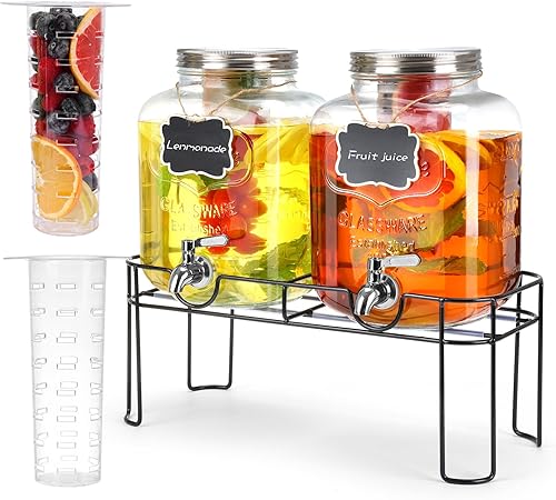 Dispensador de bebidas de vidrio de 1.6 galones, 2 dispensadores de bebidas con soporte, dispensador de limonada con espita de acero inoxidable,