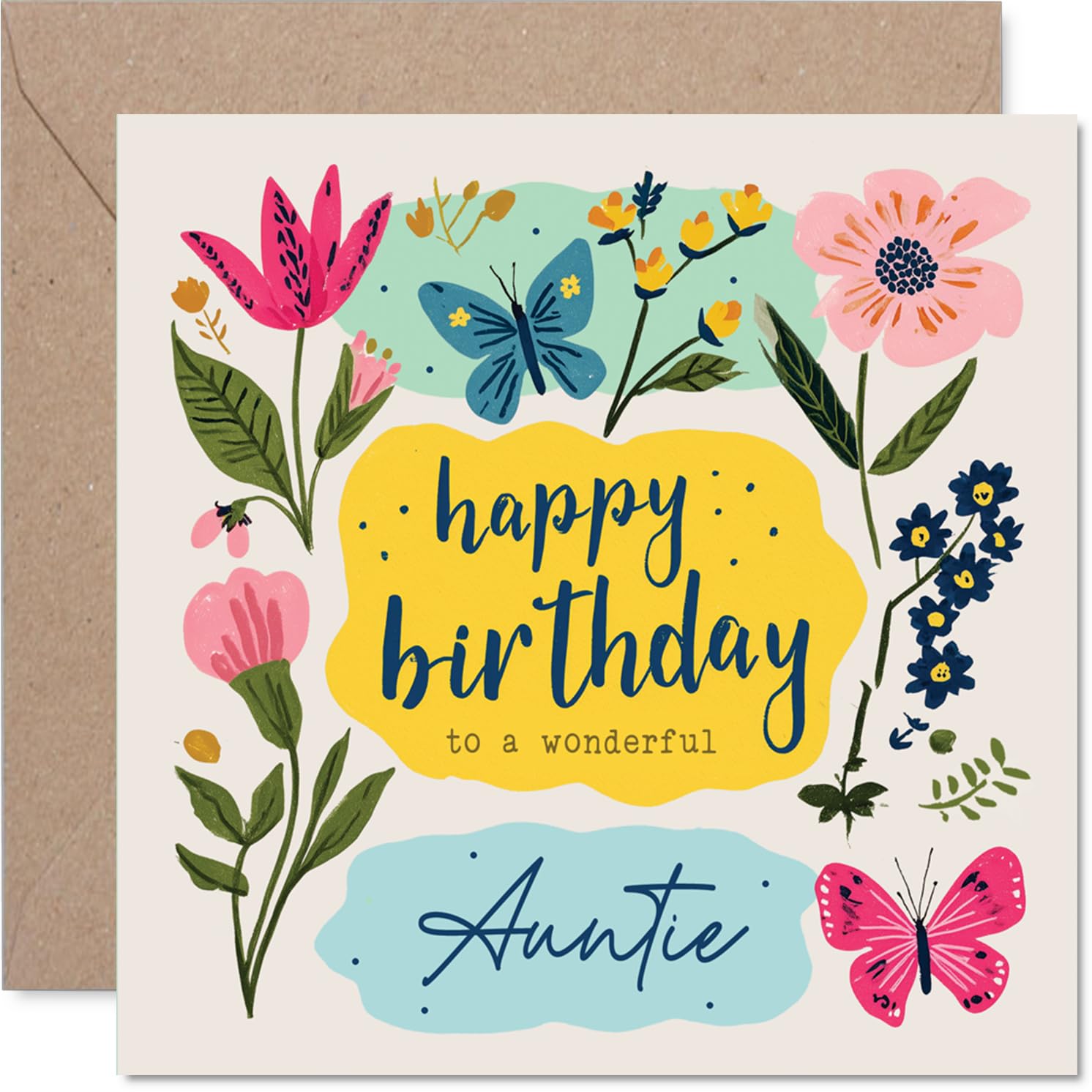 Heartfelt Birthday Card for Auntie - Bright Blossoms and Butterfly Charm - Vibrant Floral Design with Cheerful Colours - 145mm Square, Envelope Included