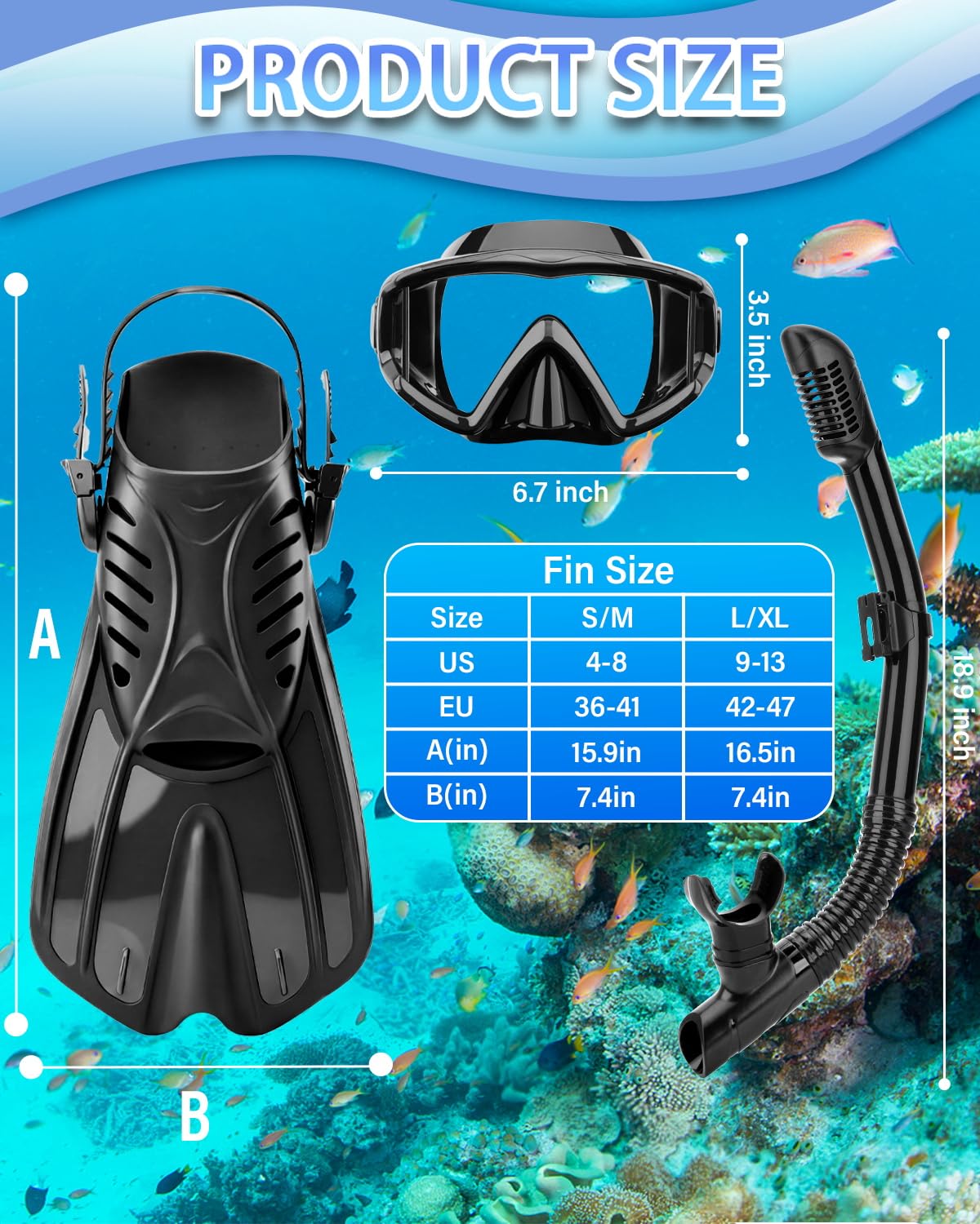 Attrezzatura da snorkeling per adulti e bambini, set da snorkeling a secco, lente in vetro temperato panoramica anti-perdita e anti-appannamento, set da snorkeling con cinturino regolabile con