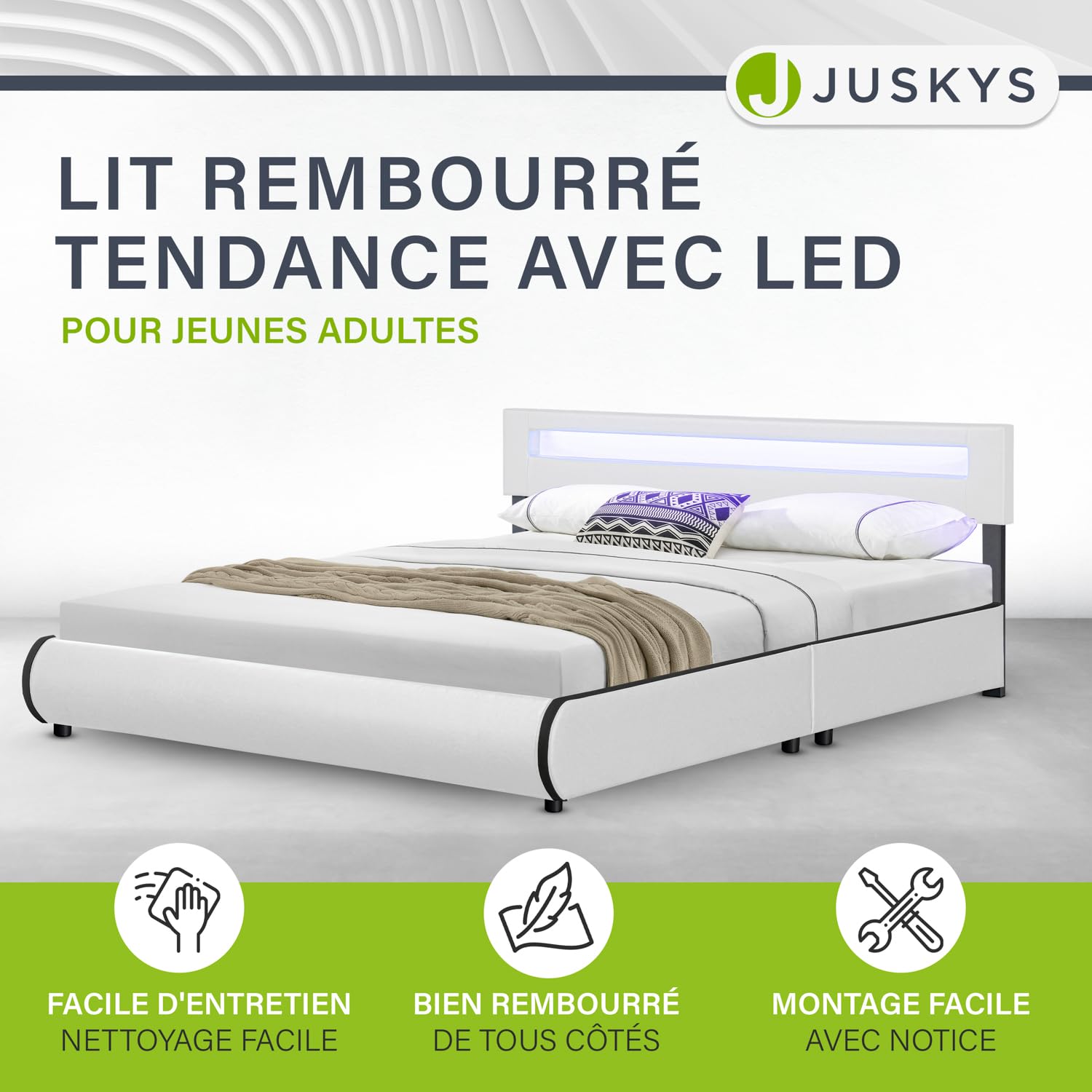 Lit 1 Personne Juskys Verona 120x200cm - Similicuir Noir Avec LED, Sommier Et Matelas Inclus