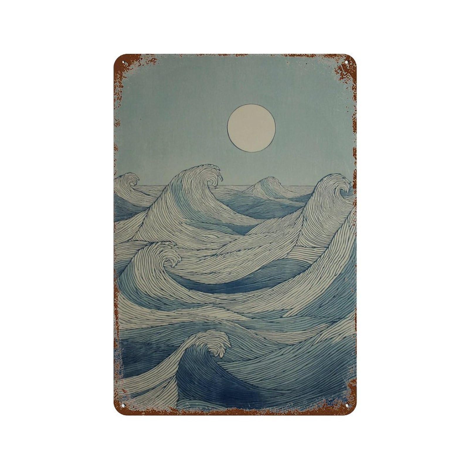 xiaoxiaoshen Ocean Waves Japanese Style Sea Moon Over Water Minimal Coastal Blue Abstract Nat Wall Decor Art Metal Tin Poster Modern Home Decor Art Home Bar Shop Decorations Vintage Sign 30x20cm