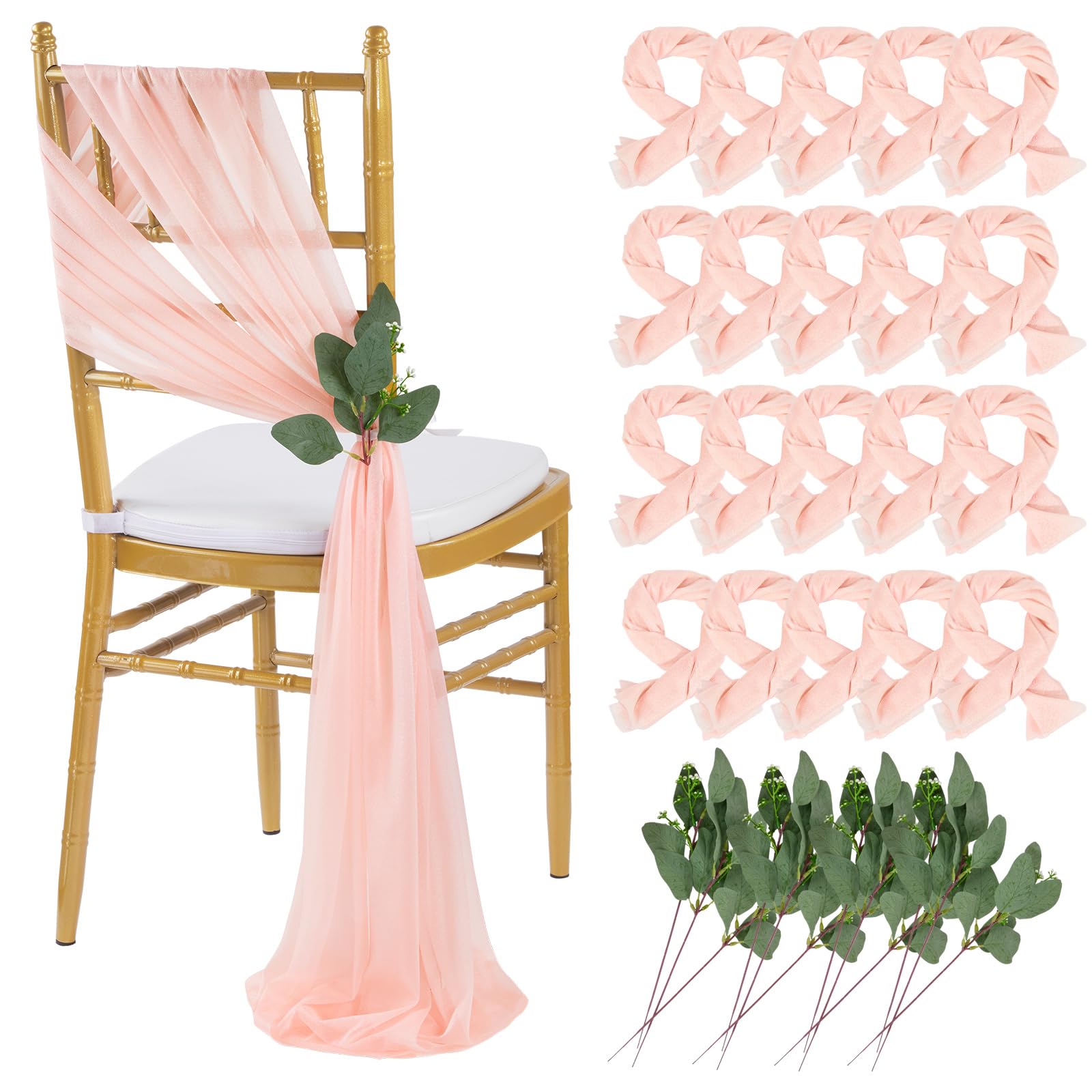 QueenDream Blush Chair Sashes Wedding Aisle Decorations: 16 Packs Tulle Draping Fabric Sheer Church Chair Cover Bulk for Baby Shower Party Banquet