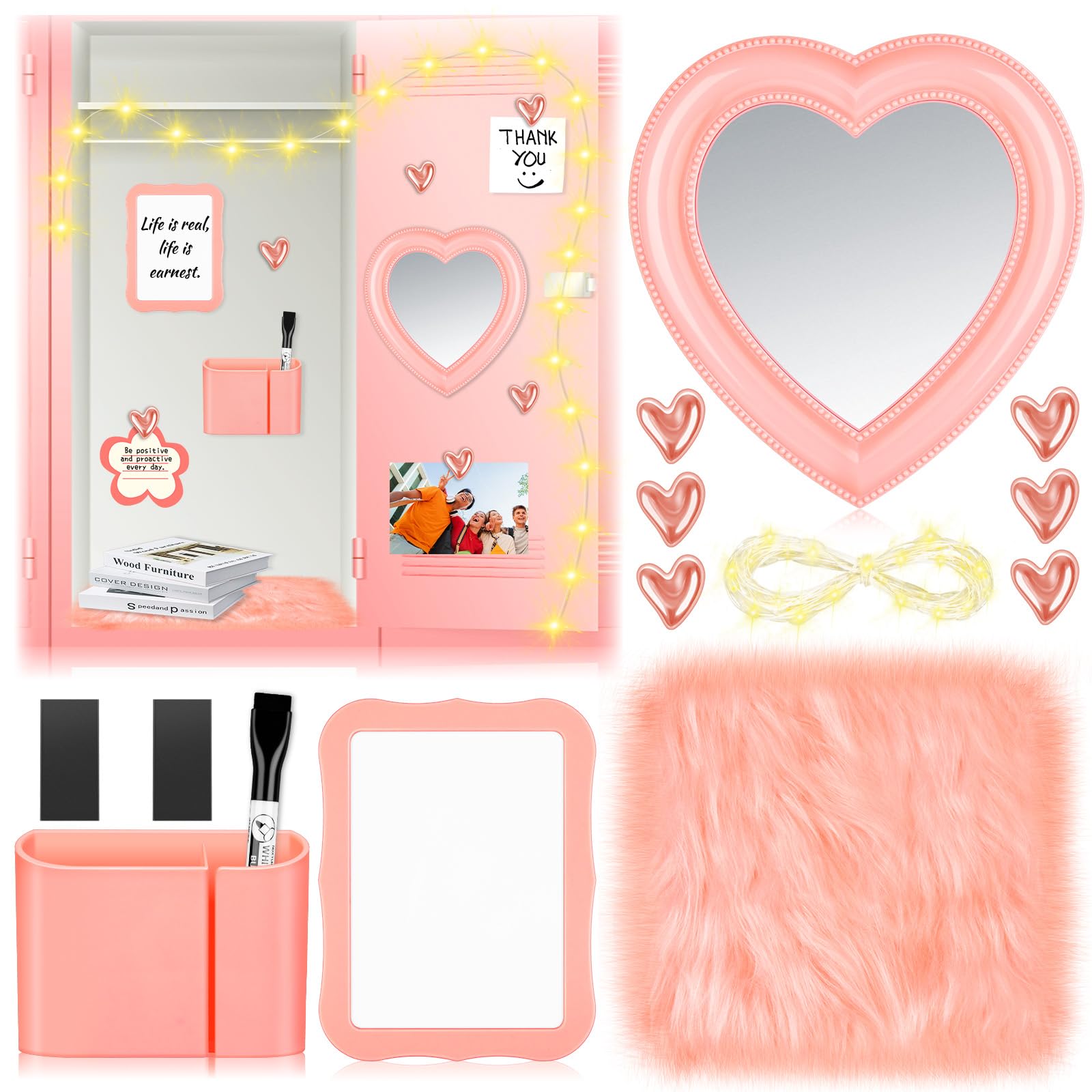 Gosodeny 14 Pcs Locker Accessories for Girls Heart Mirror Whiteboard Mini Rug Cute Flower Magnets Organizing Supplies Back to School Stuff Gift Decoration