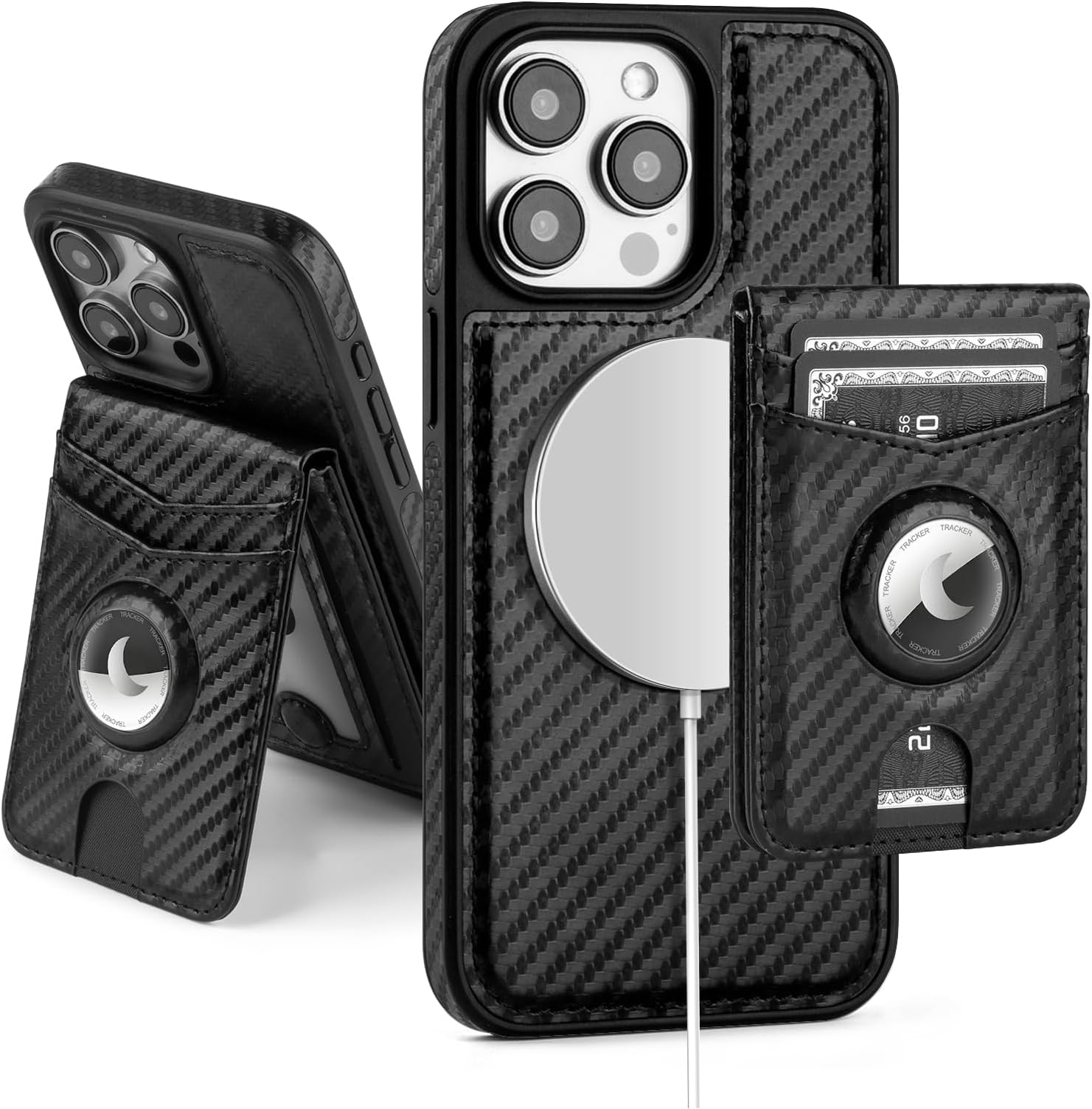 Compatible with MagSafe iPhone 12 Pro Max Case Wallet with AirTag Holder,2 in 1 PU Leather Magnetic Detachable RFID Blocking Credit Card Holder Flip Cover Kickstand for Men Women,Black