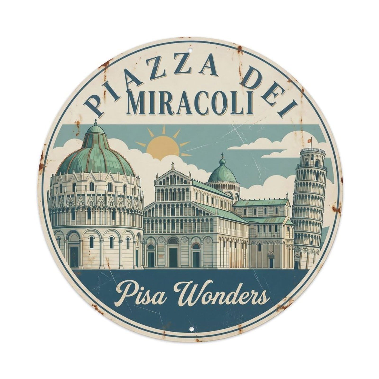 Vintage Travel Pisa Cathedral Square 1 Metal Tin Sign Plaque Wall Decor for Cafe, Club, Garden Round Metal Poster 8x8Inch